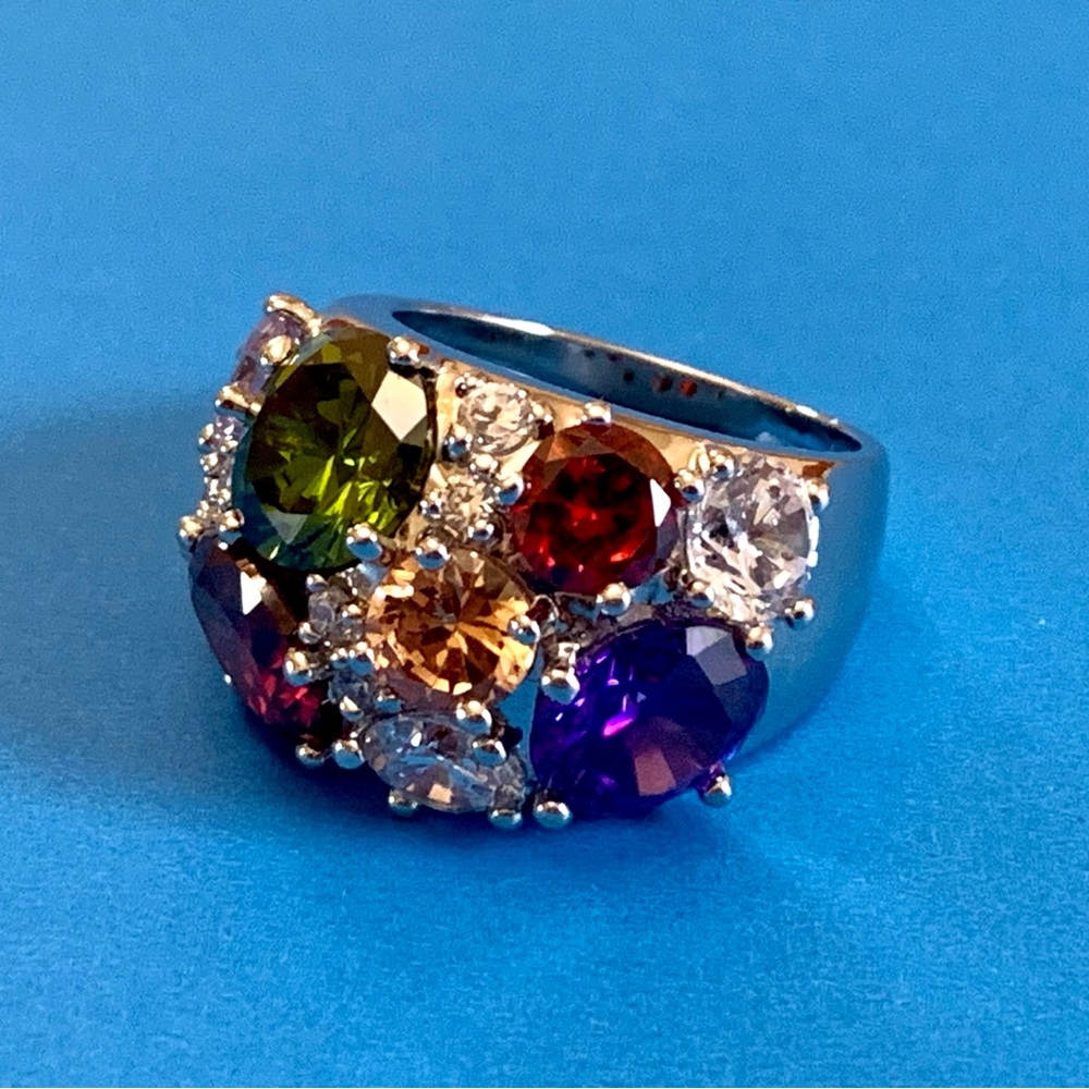 Nataliya V. Collister Rainbow Cubic Zirconia Ring Size 8 Silver Tone